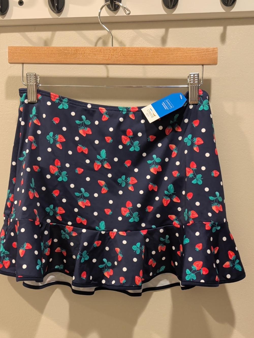 Lands End Navy Swim Skirt with Red Strawberry and White Polka Dots